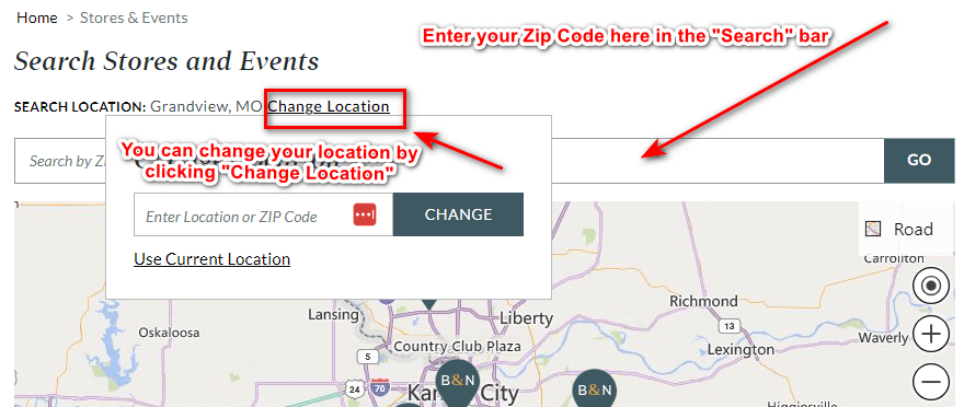 Barnes and Noble - Stores and events page for putting the zip code and search for the nearby location
