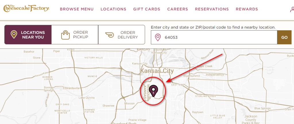 The cheesecake factory - searching nearby location with zip code
