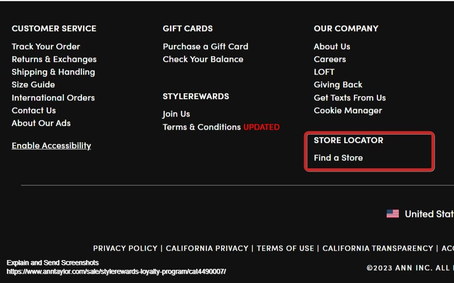 Ann Taylor website - Click on Find a Store