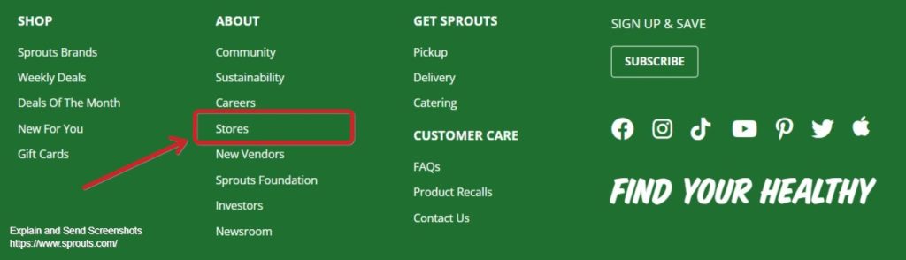 Sprouts Farmers Market website - Finding store locator page