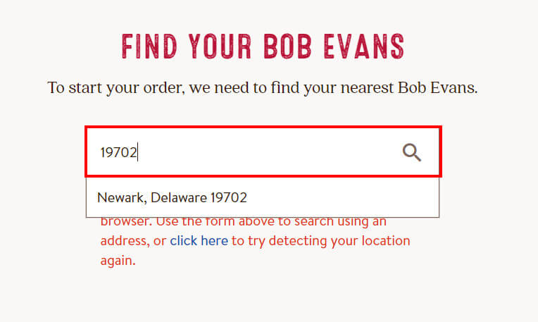 Enter your location details in the Bob Evans store locator page